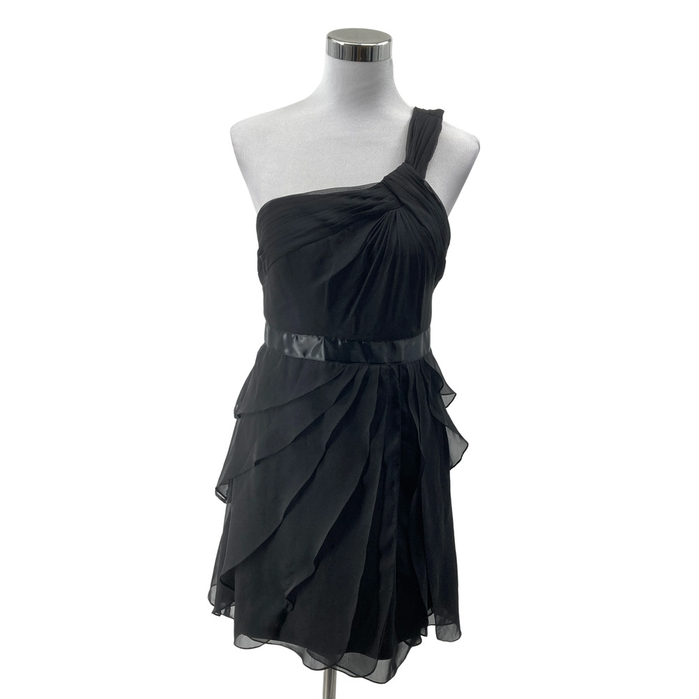Adrianna Papell 8 Black One Shoulder Chiffon Ruffle Tiered Cocktail Dress